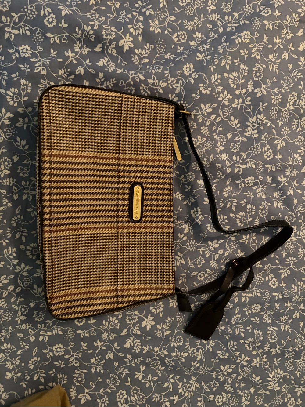 Vintage Polo Ralph Lauren plaid shoulder Bag with Black Strap - Classic Brown